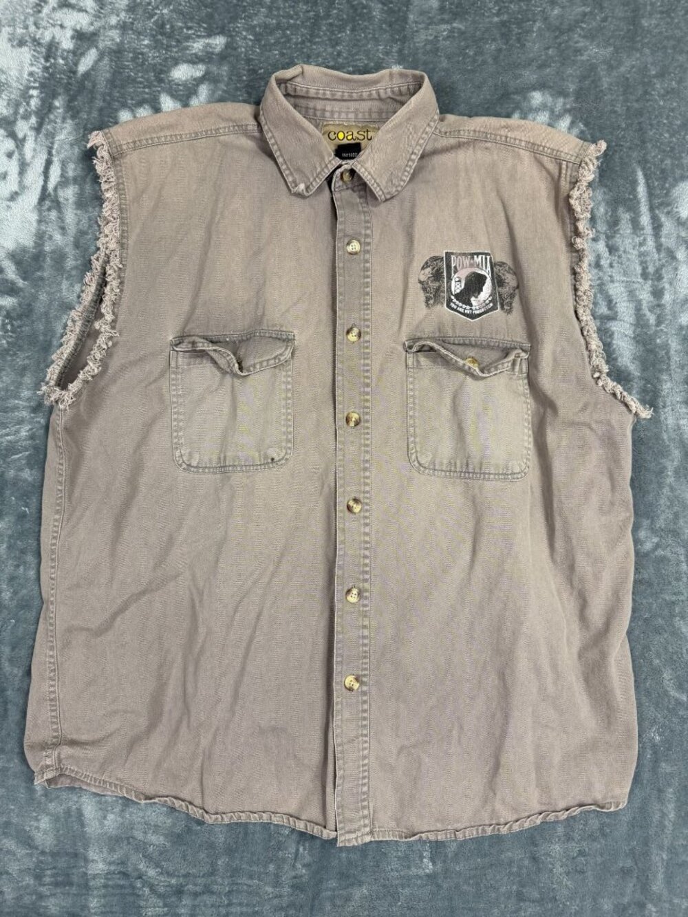 Coast Sleeveless Button-Up Shirt XL Frayed POW MIA Graphics Front & Back Brown
